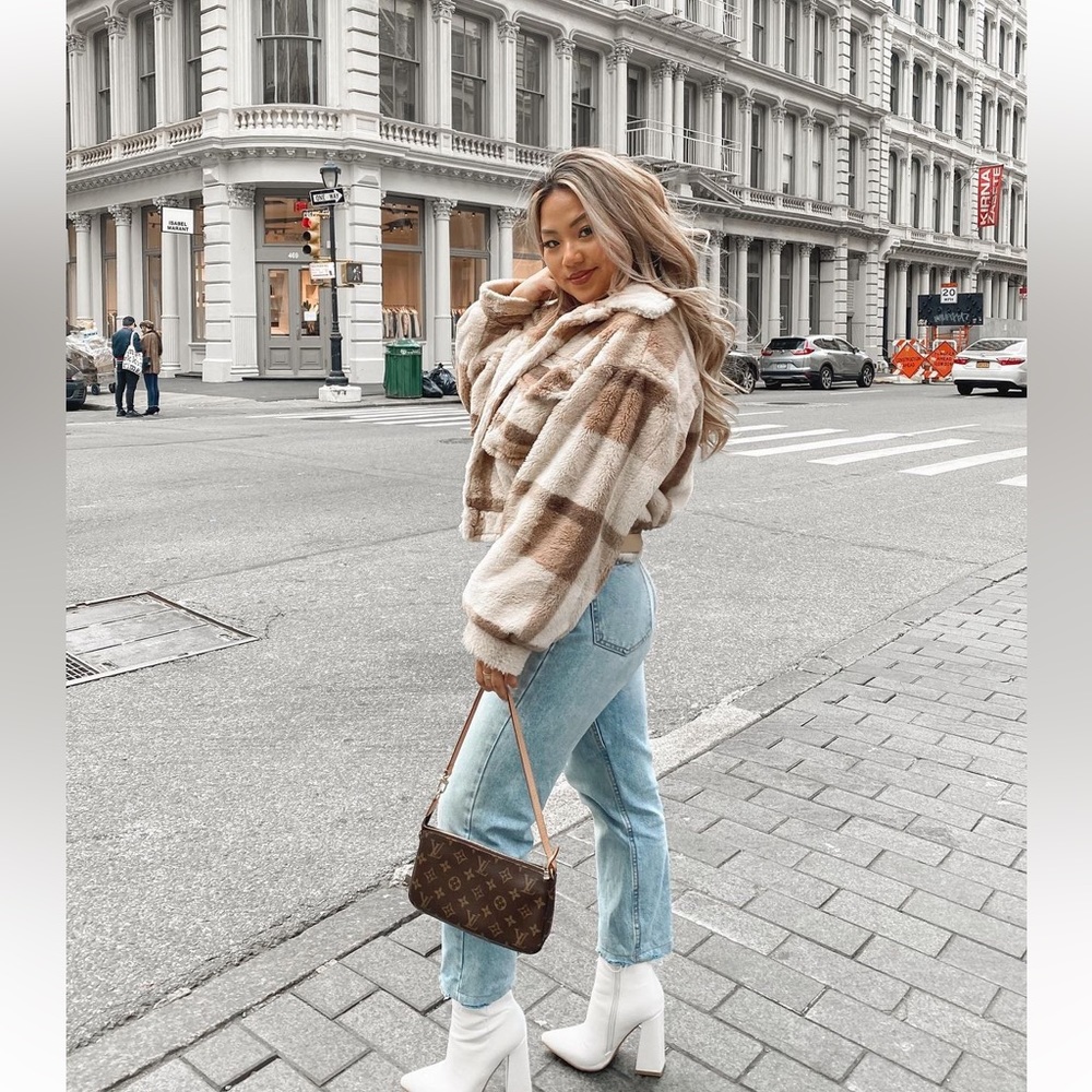 Check/plaid faux fur trucker jacket
